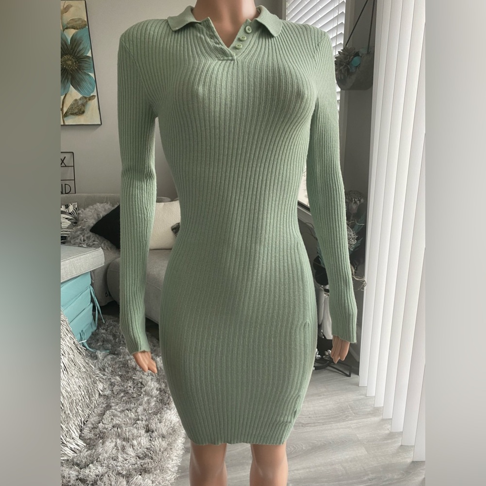 This is a sage long sleeve dress it has a collar and buttons up in the front